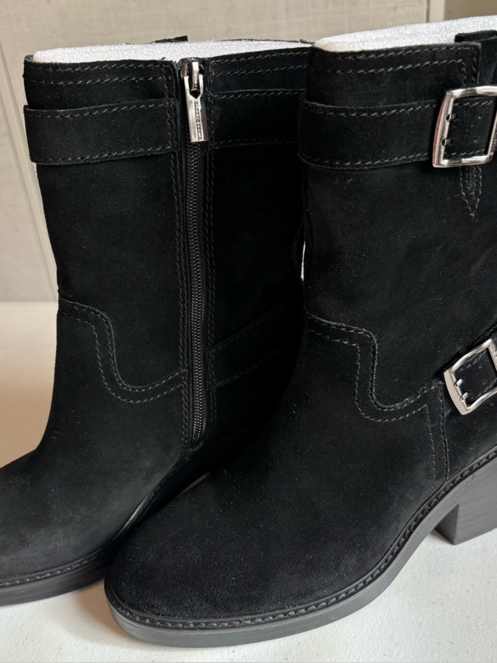 Vince Camuto Black Suede Mid-Calf Buckle Boots